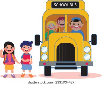 illustration vector graphic of back to school. school kids will ride the school bus happily. perfect for posters, flyers, backgrounds