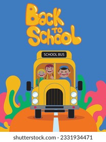 illustration vector graphic of back to school. school kids ride on school bus happily. perfect for posters, flyers, backgrounds