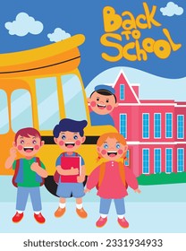 illustration vector graphic of back to school. schoolboy with school bus. perfect for posters, flyers, backgrounds