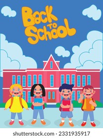 ilustración vectorial de la vuelta a la escuela. niño frente a la escuela. perfecto para carteles, volantes, fondos