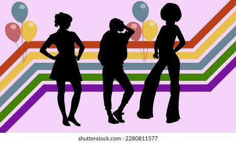 illustration vector graphic of background '70 color style. cool color with silhouette and balloons
