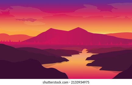 Ilustración vectorial gráfico del diseño de la puesta de sol de la colina de fondo, bueno para el diseño de la plantilla de fondo 
