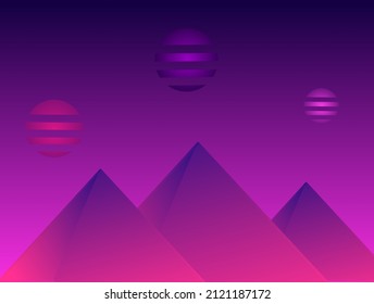 Illustration vector graphic of background. Pyramid under the planet with purple bluish light. Perfect for ancient building background with purple color