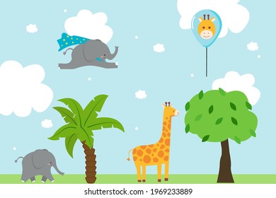 Illustration vector graphic of background or seamless pattern elephant and giraffe. Perfect for backgrounds, seamless patterns, textiles, fabrics etc.