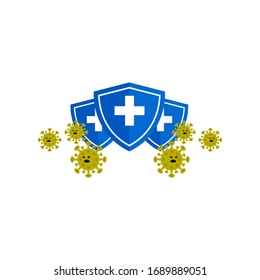 Abbildung der Vektorillustration von Bakterien oder Viren gegen Immunsystem, dargestellt durch ein Schild. Schutz der Immunität.