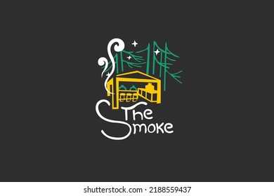 Ilustración vectorial gráfico de barbacoa de noche en la casa con humo y pino