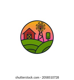 Gráfico vectorial de Ilustración de Barn con Jardín y molino de viento. Bien por los productos agrícolas naturales