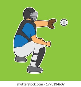 ilustración vectorial del catcher del béisbol, atrapa la pelota. apto para pegatinas, camisetas, impresión digital, libro de dibujo, libro infantil, etc.