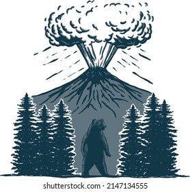 Illustration vector graphic of “Volcano and Bear Standing” for apparel design merchandise, such as logos on product packaging.