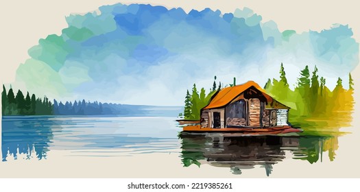 illustration vector graphic of beautiful lake cabin on watercolor painting style good for print on postcard, poster or background