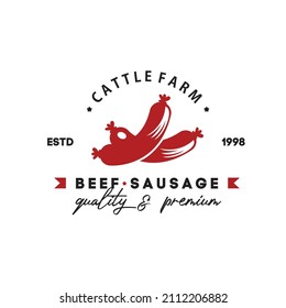 ILLUSTRATION VECTOR GRAPHIC OF BEEF LONG RED SAUSAGE FROM CATTLE FARM PREMIUM QUALITY GOOD FOR RETAIL GROCERIES SAUSAGE SHOP INDUSTRY VINTAGE LOGO