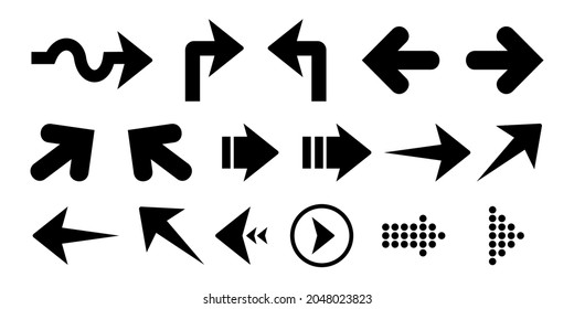 Ilustración vectorial gráfico de gran conjunto de flecha de iconos negros. Icono de flecha. Colección vectorial de flechas. Flecha. para abrir el Navegador. Flecha moderna y simple.