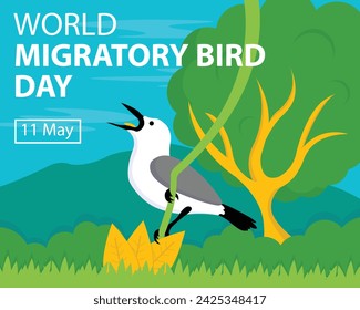 illustration vector graphic of bird resting on tree branch, showing forest background, perfect for international day, world migratory bird day, celebrate, greeting card, etc.
