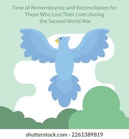 illustration vector graphic of birds fly into the sky, showing forest and clouds, perfect for international day,remembrance reconciliation, those who lost, their lives during, second world war.