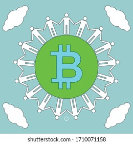 Ilustración vectorial gráfico de Bitcoin People se conecta de pie en mano - bueno para el movimiento, contenido, producto y servicio de bitcoin y criptomoneda.