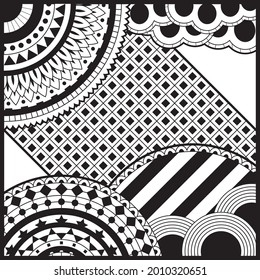 Ilustración vectorial gráfico del motivo del doodle dibujado a mano blanca negra, símbolo, elemento colorbook, círculo decorativo abstracto