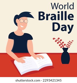 illustration vector graphic of a blind person is reading a book with the braille alphabet on the table, perfect for international day, world braille day, celebrate, greeting card, etc.