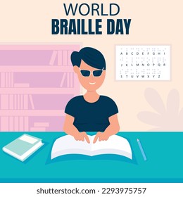illustration vector graphic of a blind person is learning to read a book with a braille alphabet in the room, perfect for international day, world braille day, celebrate, greeting card, etc.
