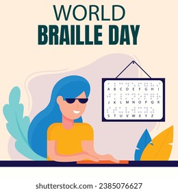illustration vector graphic of blind woman wearing sunglasses is reading with braille alphabet, perfect for international day, world brailley day, celebrate, greeting card, etc.