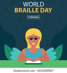 illustration vector graphic of blind woman learning braille, perfect for international day, world braille day, celebrate, greeting card, etc.