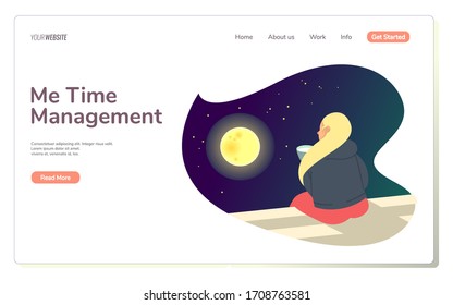 Illustration vector graphic of blonde woman sitting on the rooftop, enjoying beautiful moonlight. Relaxing scene flat design. Perfect for presentation decoration, landing page, banner, or book cover.