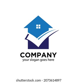 ilustración vectorial gráfico de una casa azul con una garrapata aislada en fondo blanco adecuado para inmobiliaria, logotipo de propiedad 