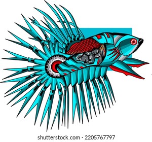 Illustration Vector Graphic Of Blue Mecha Crown Tail Bettafish Prfect For Farm Logo, T-shirt Design, Betta Fish Food, Etc