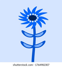 illustration vector graphic of blue sunflowers with four stalks and leaves on a blue background concept design