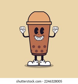 Illustration vector graphic of boba drink cartoon retro, perfect for graphic design component, mascot, merchandise, etc