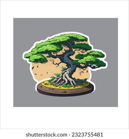Illustration vector graphic of bonsai, natural color, white and dark background.