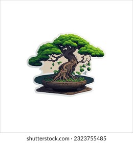 Illustration vector graphic of bonsai, natural color, white and dark background.