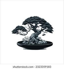 Illustration vector graphic of bonsai plants, black, white background, beautiful.