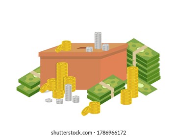 Gráfico vectorial de ilustración de una caja que contiene pilas de dinero y monedas de oro, diseño para finanzas