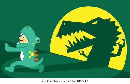 Illustration vector graphic of boy cartoon character wear dinosaur costume, afraid, fear and running from his own shadow. Good for children and educational product.