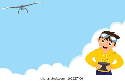 Illustration vector graphic of boy character playing drone with blank copy space text area.  Fit to place on children product like packaging, book, etc.