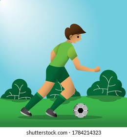 illustration vector graphic of a boy playing ball on a soccer field. suitable for suitable for children book, drawing book, illustration book, etc 
