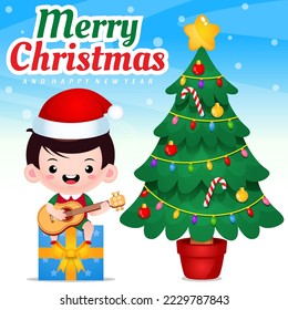 Illustration vector graphic of Boy Sitting On Gift Box Playing Guitar And Singing Christmas Song. Perfect for christmas card, banner, poster, children books cover, children book illustration, etc.