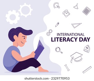 illustration vector graphic of a boy is sitting reading a book, displaying study equipment, perfect for international day, international literacy day, celebrate, greeting card, etc.