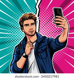 Illustration vector graphic of boy taking selfie in pop art style