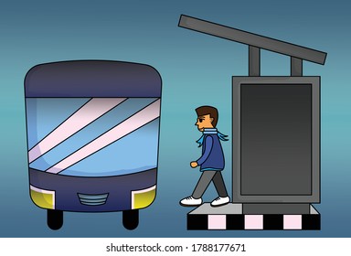 illustration vector graphic of a boy waits for the bus at the bus stop. suitable for drawing book, children book, clipart, book story, etc. 