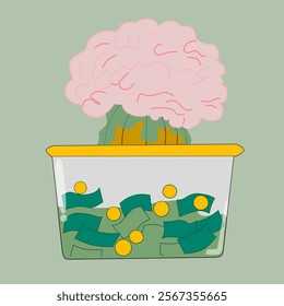 Illustration vector graphic of a brain that is being squeezed and extracted into some money, perfect for logo, icon crative industries. Or a t-shirt screen printing.