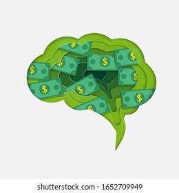 illustration vector graphic of brain think about money with papercut effect, perfect for background, backdrop, wallpaper, symbol, etc