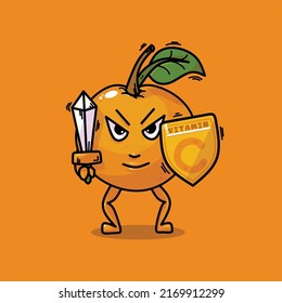 Illustration vector graphic of a brave orange fruit defense human body immune using a sword and a shield of vitamin c. Suitable for children book, educational book, orange or vitamin c product, etc.
