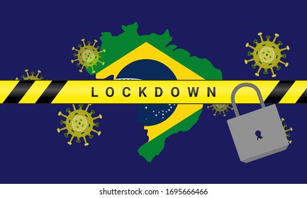 Illustration vector graphic of Brazil Lockdown. Illustration of lockdown tape and padlock. Coronavirus outbreak. Prohibited from leaving the Brazil country. vector illustration EPS10. covid-19.