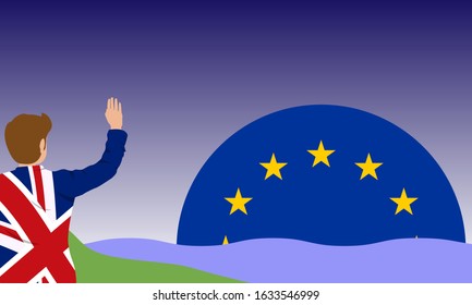 Illustration vector graphic of Brexit concept Great Britain leaving European Union. Vector illustration of image man wearing Union Jack flag shirt raised hands on the beach. EU and Great Britain flag.