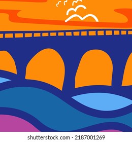 Ilustración vectorial de puente, río, aves y cielo. Bien por fondo o fondo