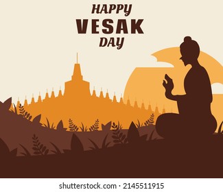 illustration vector graphic of the buddha raises his hand to preach in the temple grounds, showing the sunset, perfect for religion, holiday, culture, vesak day, tradition, greeting card, etc.