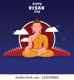 Vektorgrafik von Buddha ist vor dem Tempel sitzend, zeigt die rote Sonne und weiße Wolken, perfekt für Religion, Urlaub, Kultur, Vesak Tag, Grußkarte, etc.