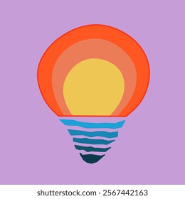 illustration vector graphic of bulb, combine with the sunset and sea.