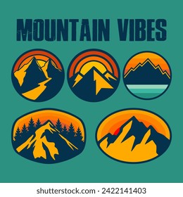 Gráfico vectorial de ilustración de BUNDLE DISIGN MOUNTAIN VIBES LANDSCAPE OUTDOORS para mercancías de diseño de prendas de vestir, como logotipos en el embalaje de productos